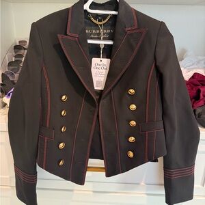 Burberry Black Blazer with Red Accents and Gold Buttons